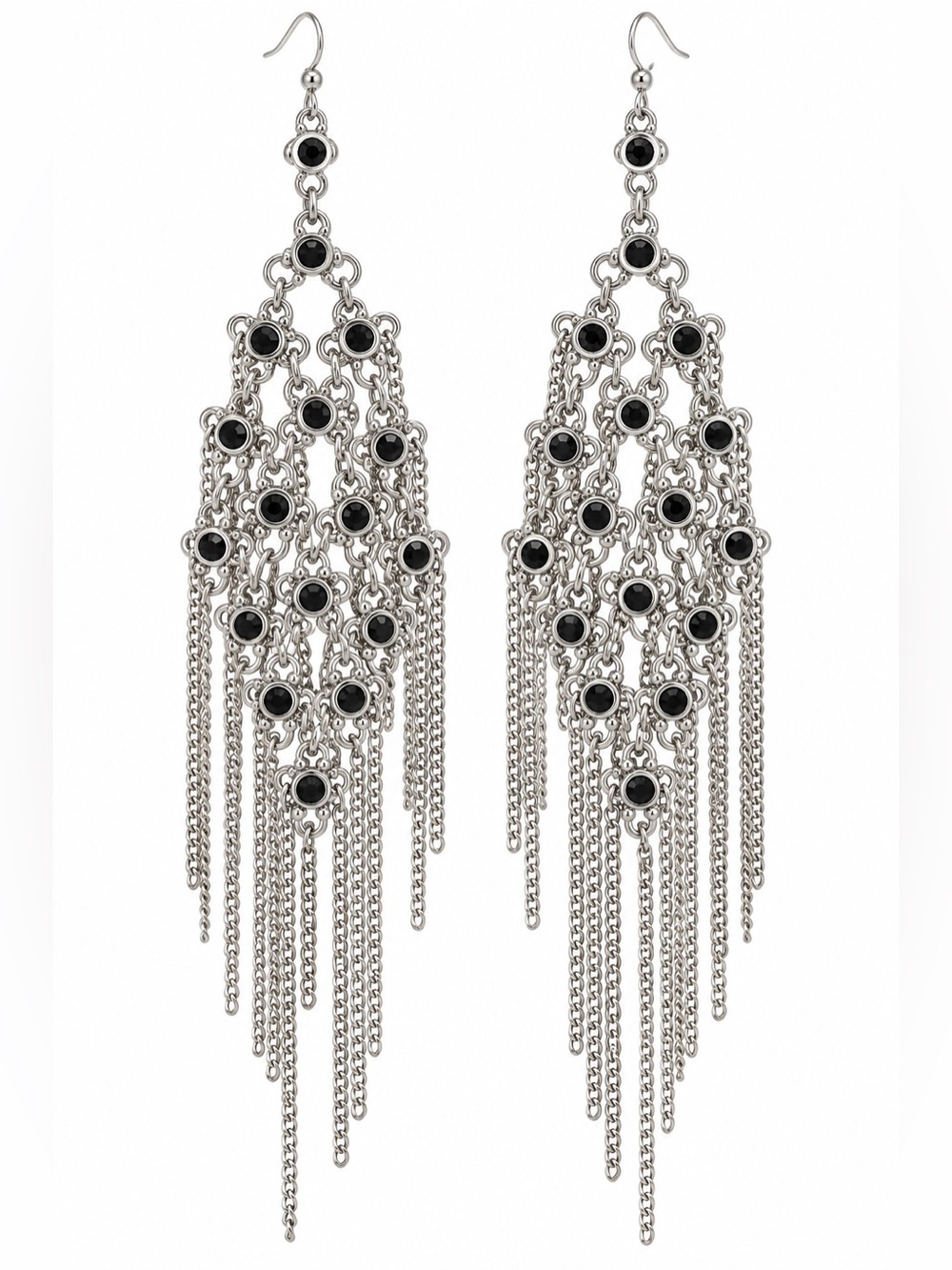 Fashion Jewelry Silver Chandelier Earrings with Black Stones